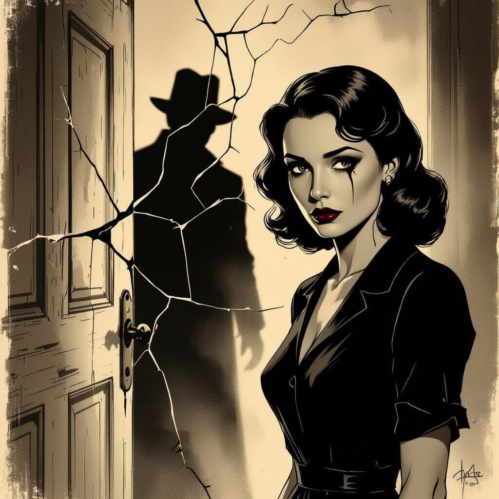 Noir Pulp Fiction Cover with Haunted Woman in Sepia