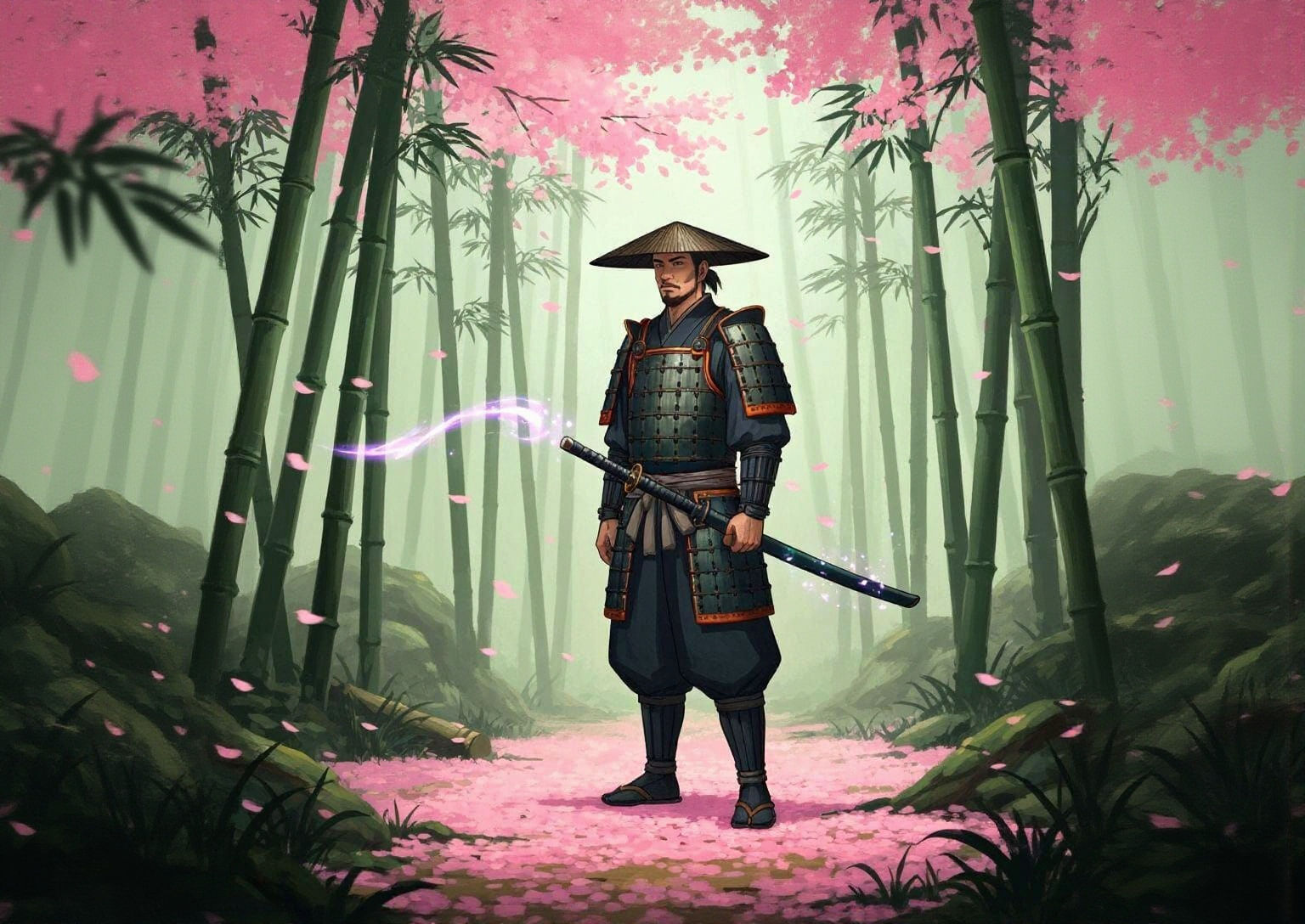 Samurai in Bamboo Forest with Cherry Blossoms