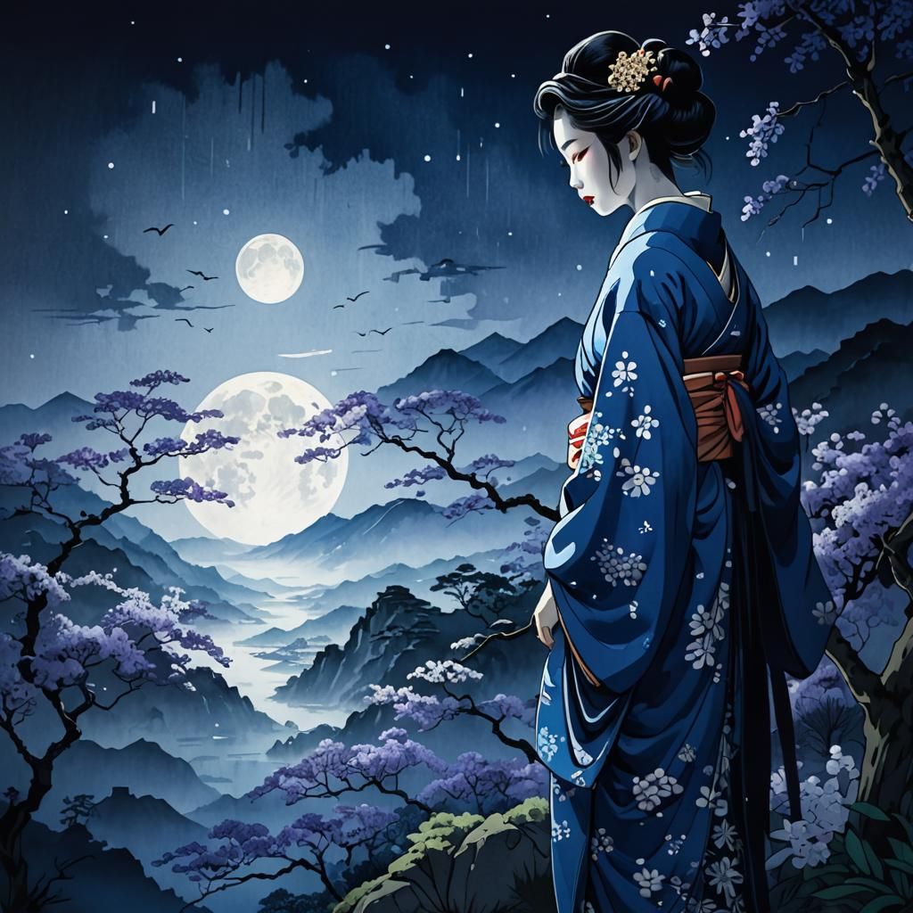Geisha in Moonlit Garden: Ukiyo-e Style Illustration