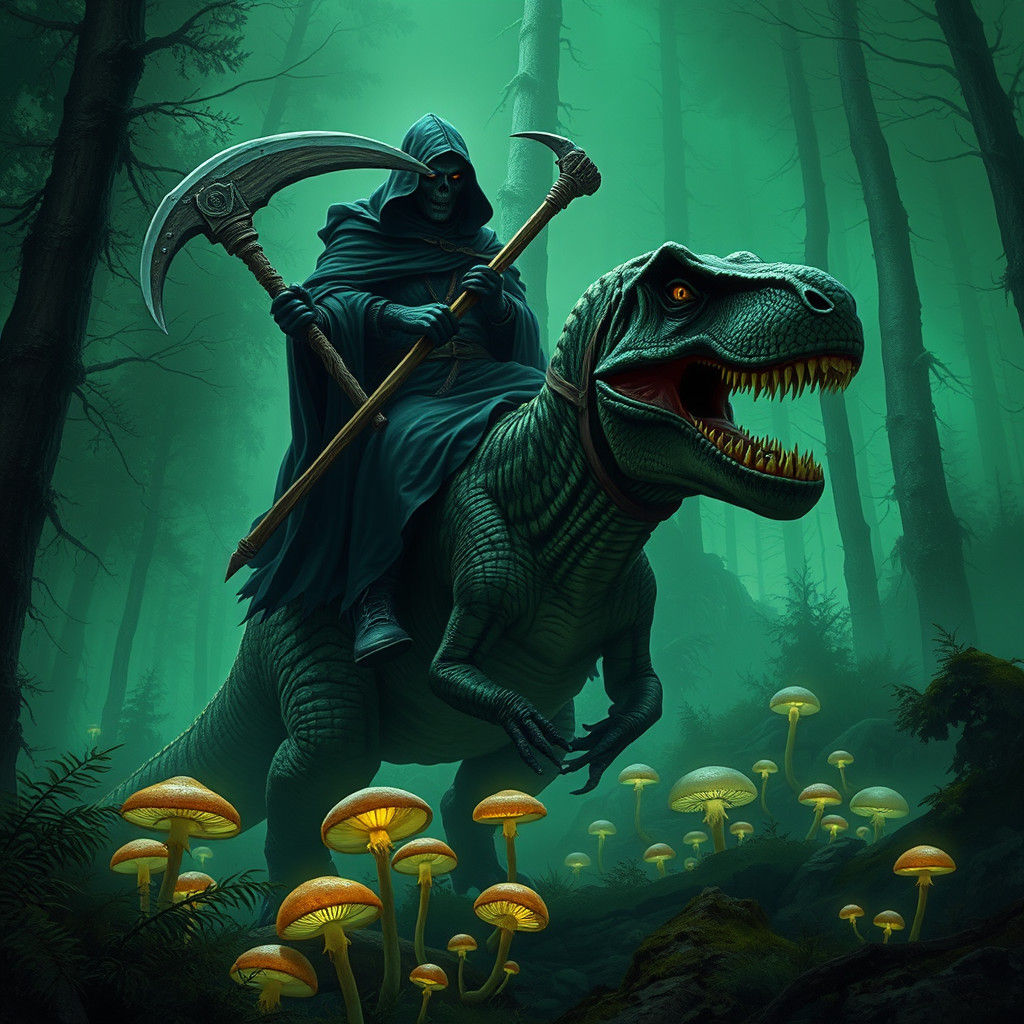 Grim Reaper Rides a T-Rex in Mystical Forest