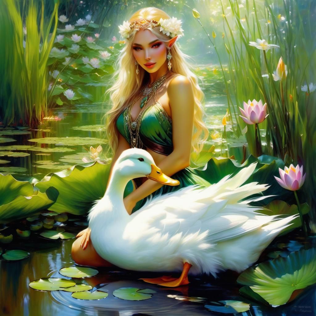 Elf Woman by Pond with Duck, Royo Style