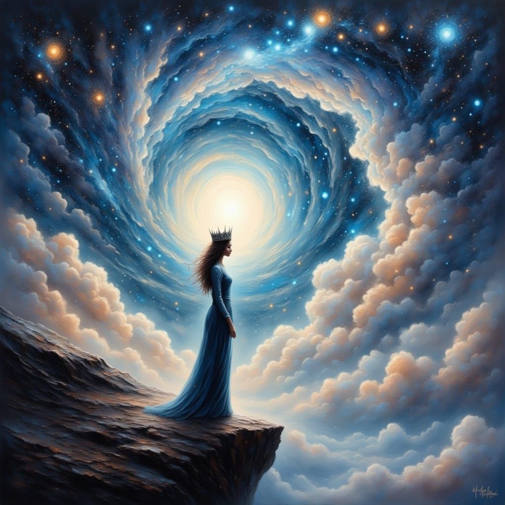 Ethereal Figure Crowned in Starlight Overlooking Nebula