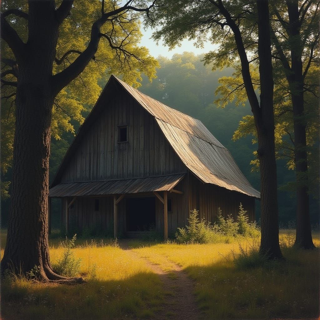 Rustic Barn in Shadowed Woods with Golden Light