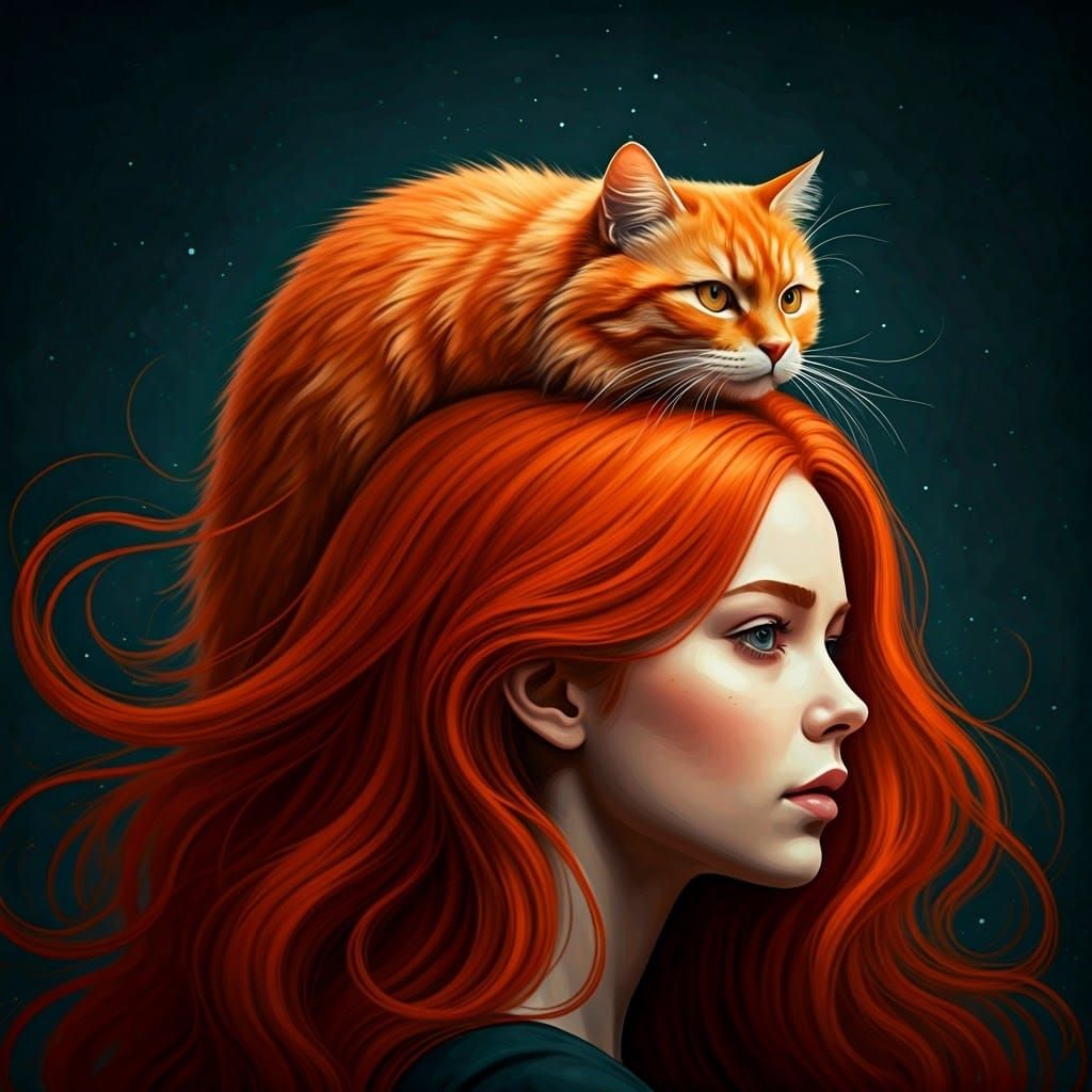 Surreal Woman Portrait with Red Cat in Gouache Style