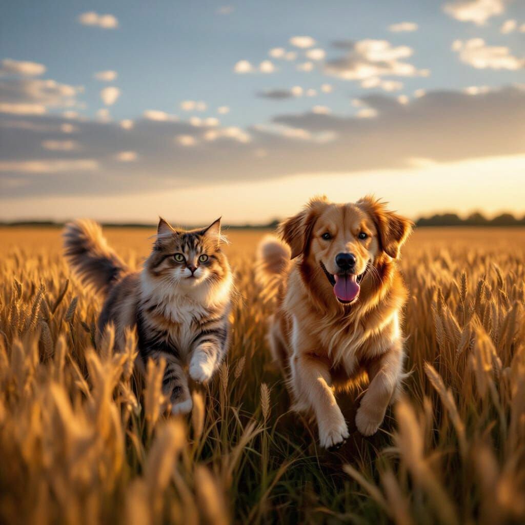 Cute Cat and Dog Play in Golden Wheat Field