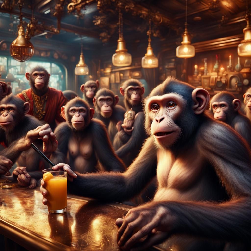 Monkey Selfie in Crowded Bar: Detailed Matte Painting