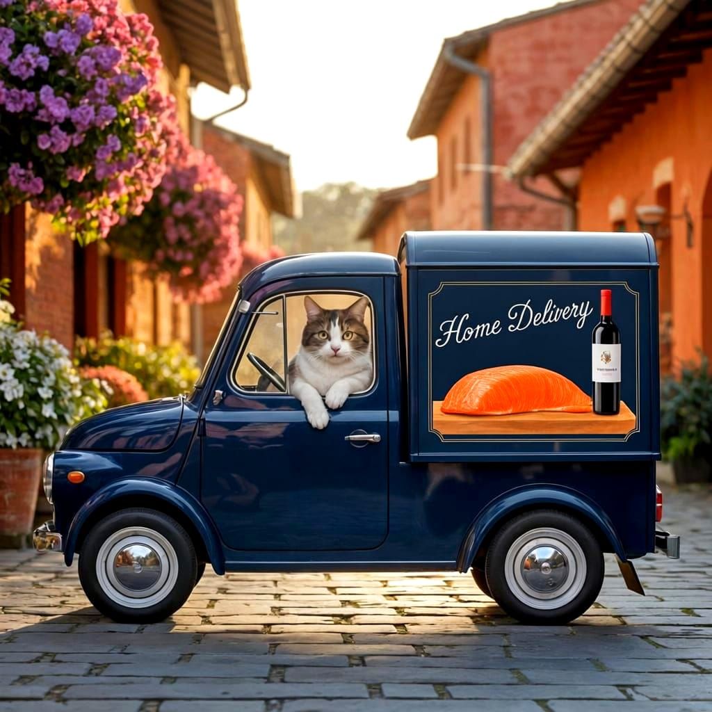 Calico Cat Drives Vintage Truck for Salmon Delivery