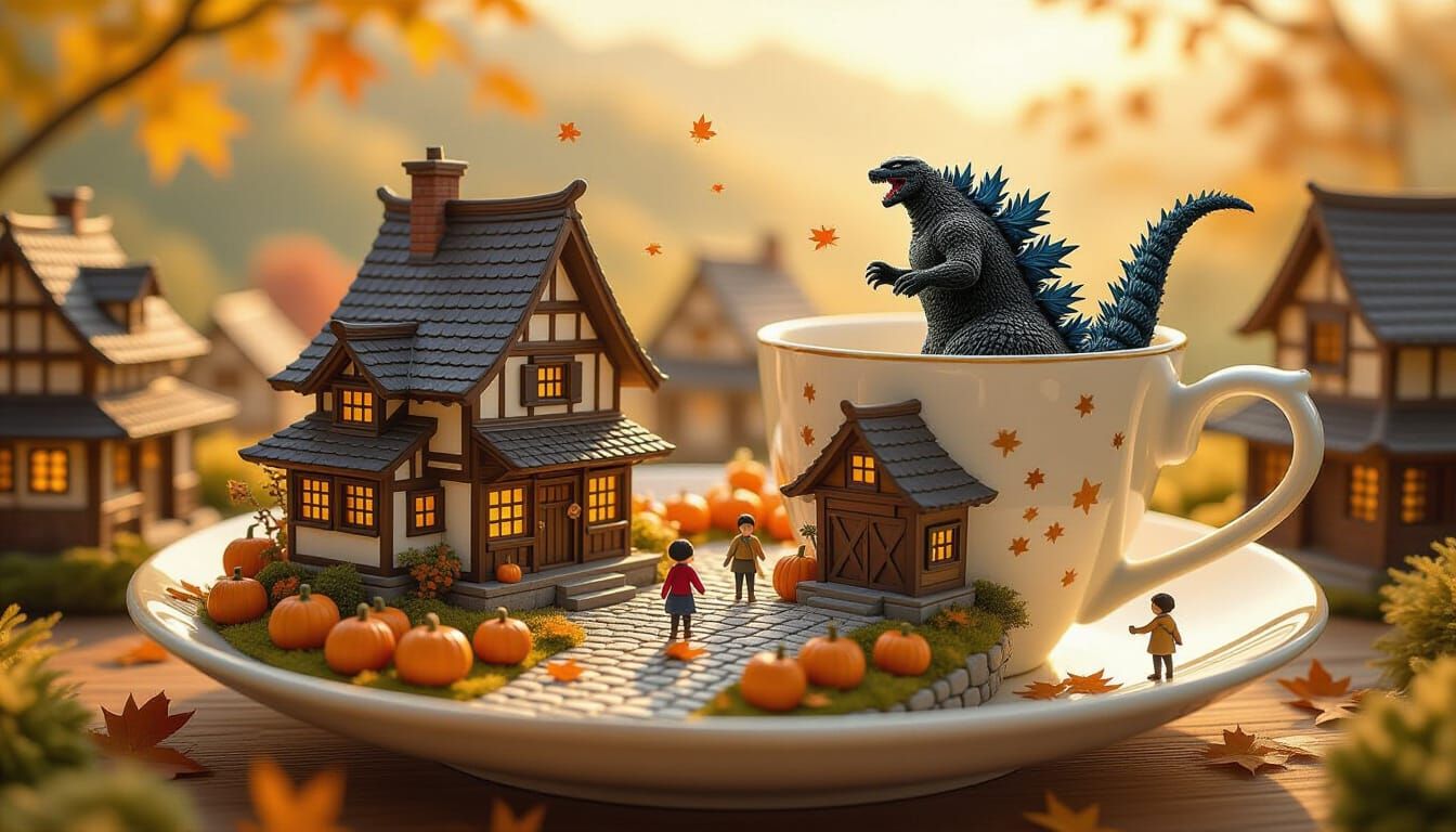 Godzilla Attacks Miniature Japanese Village in Teacup