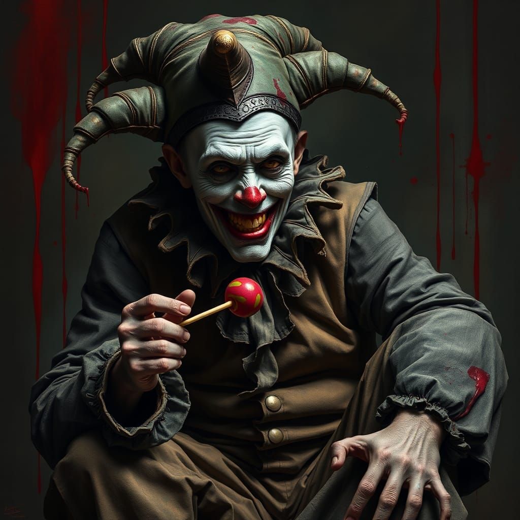 Macabre Gothic Jester with Lollipop in Surreal Art
