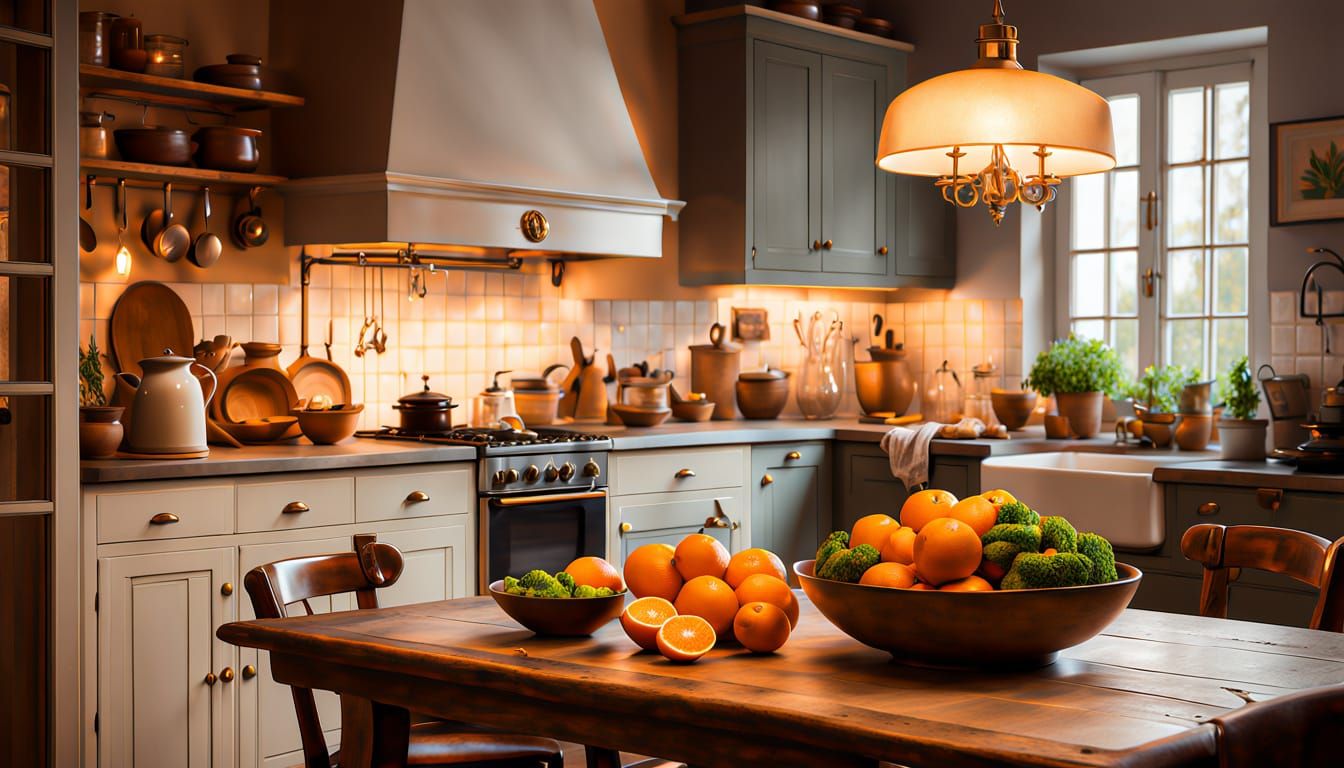 Cozy Vintage Kitchen Oil Painting with Warm Ambiance