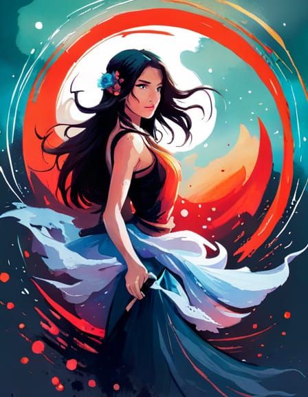 Gypsy Girl with Flowing Hair in Gouache Style