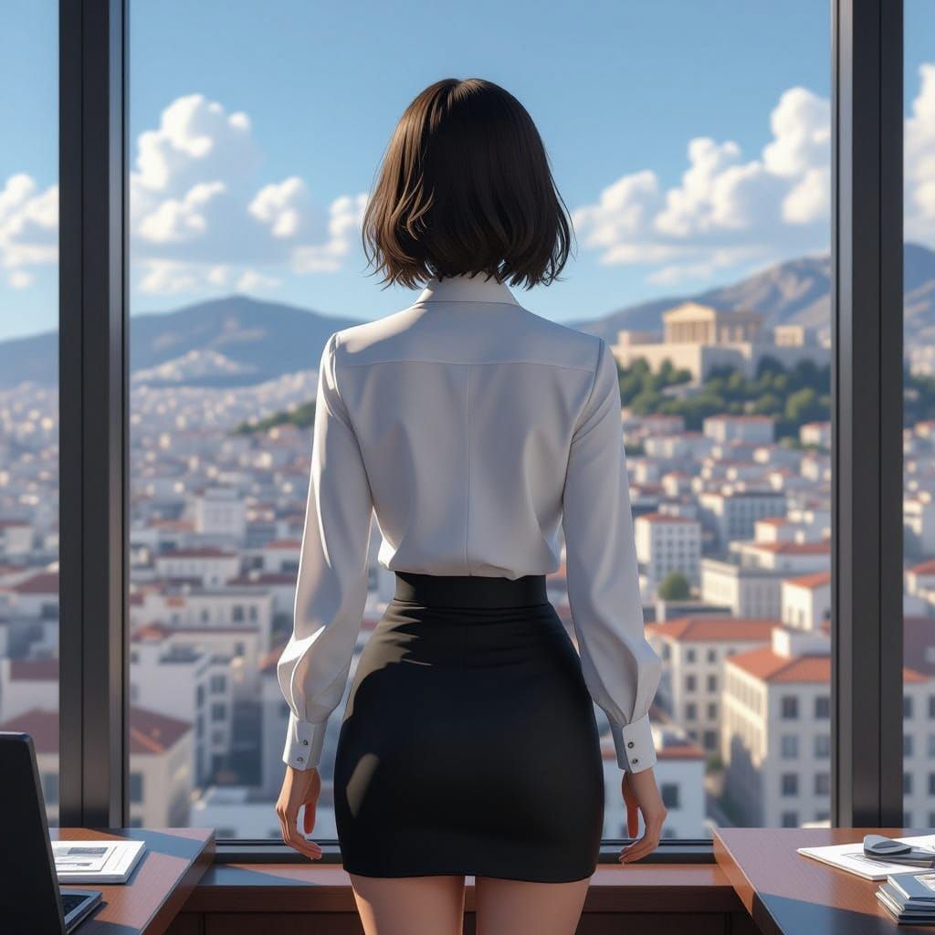 Female CEO Surveys Athens in 3D Anime Art