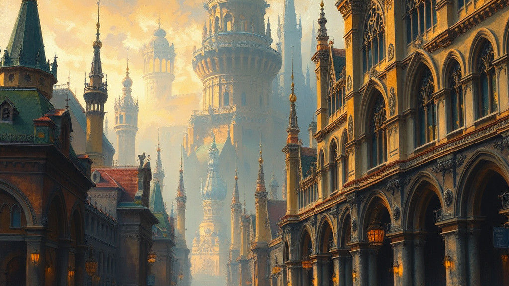 Gothic Cityscape with Golden Light, Impressionistic Oil Pain...