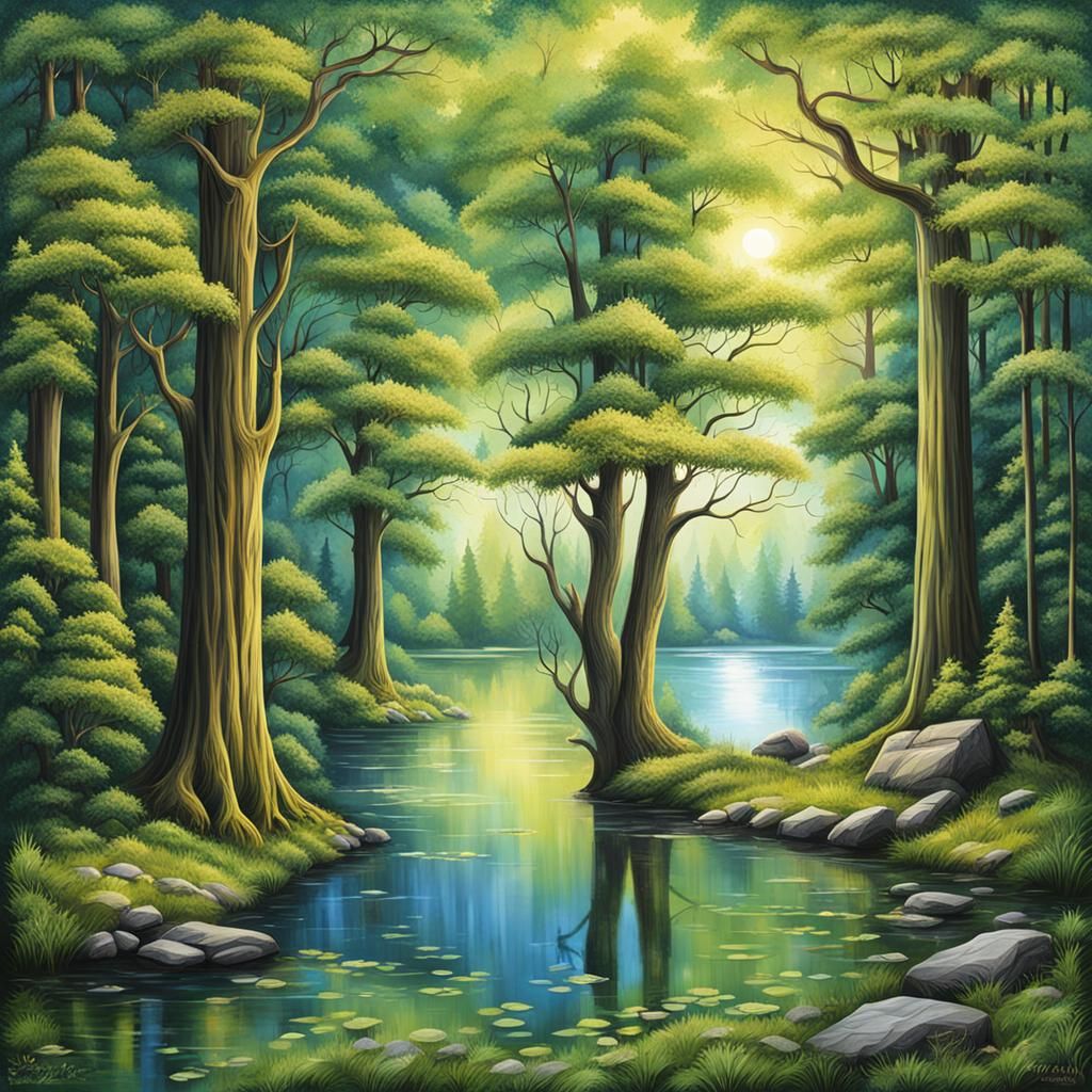 Fantasy Forest Scene in Mystical Watercolor