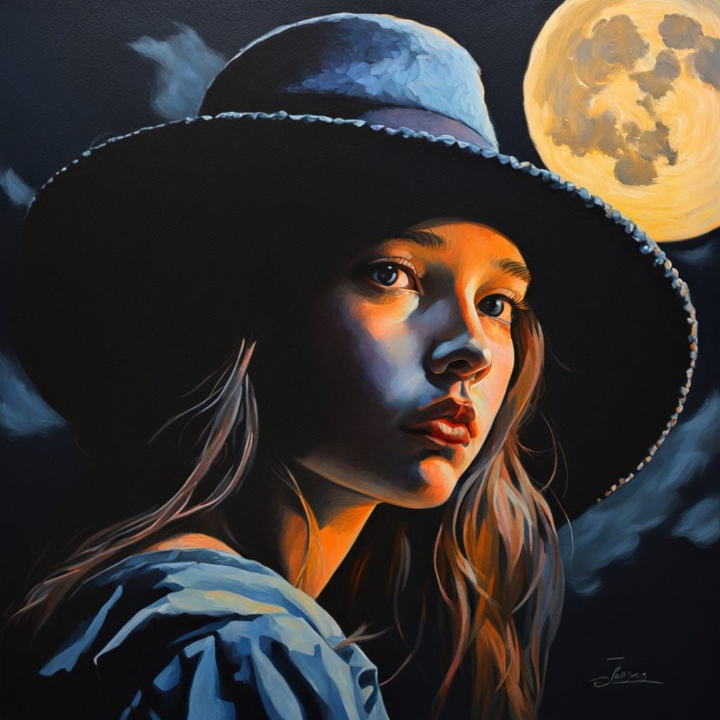 Girl with Hat Portrait in Oil, Muted Colors