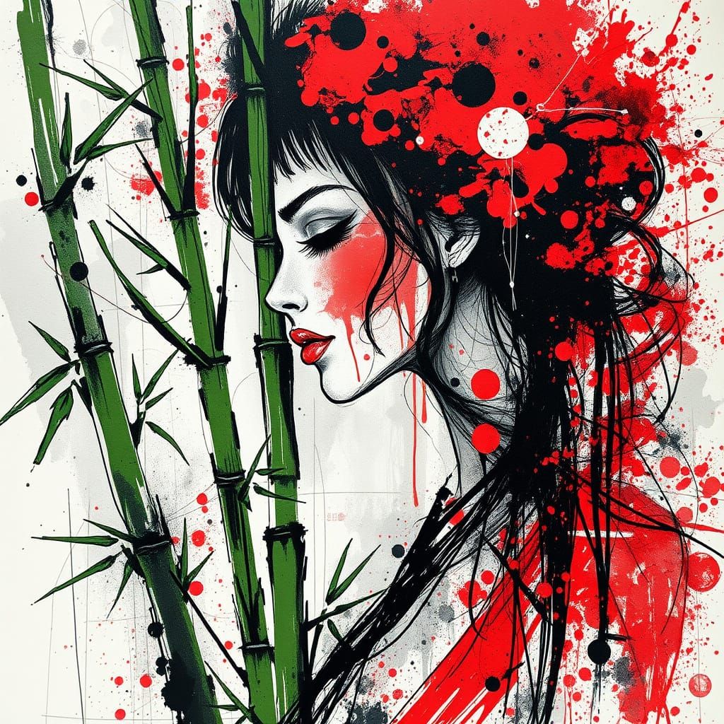 Red Woman Amidst Green Bamboo in Abstract Ink Style