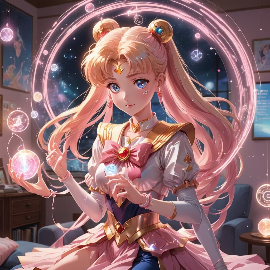 Sailor Moon Concept Art: Holographic Data in Cozy Room