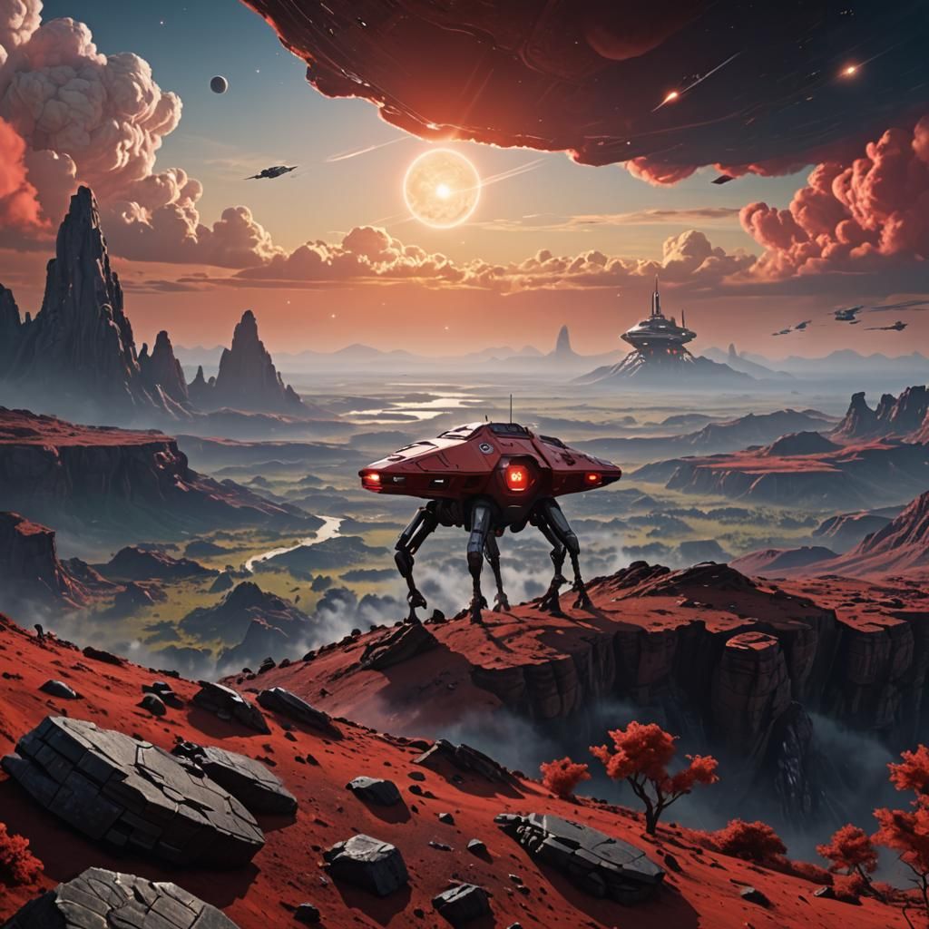 Alien Planet Landscape with Red Dwarf Star in Sci-Fi Style