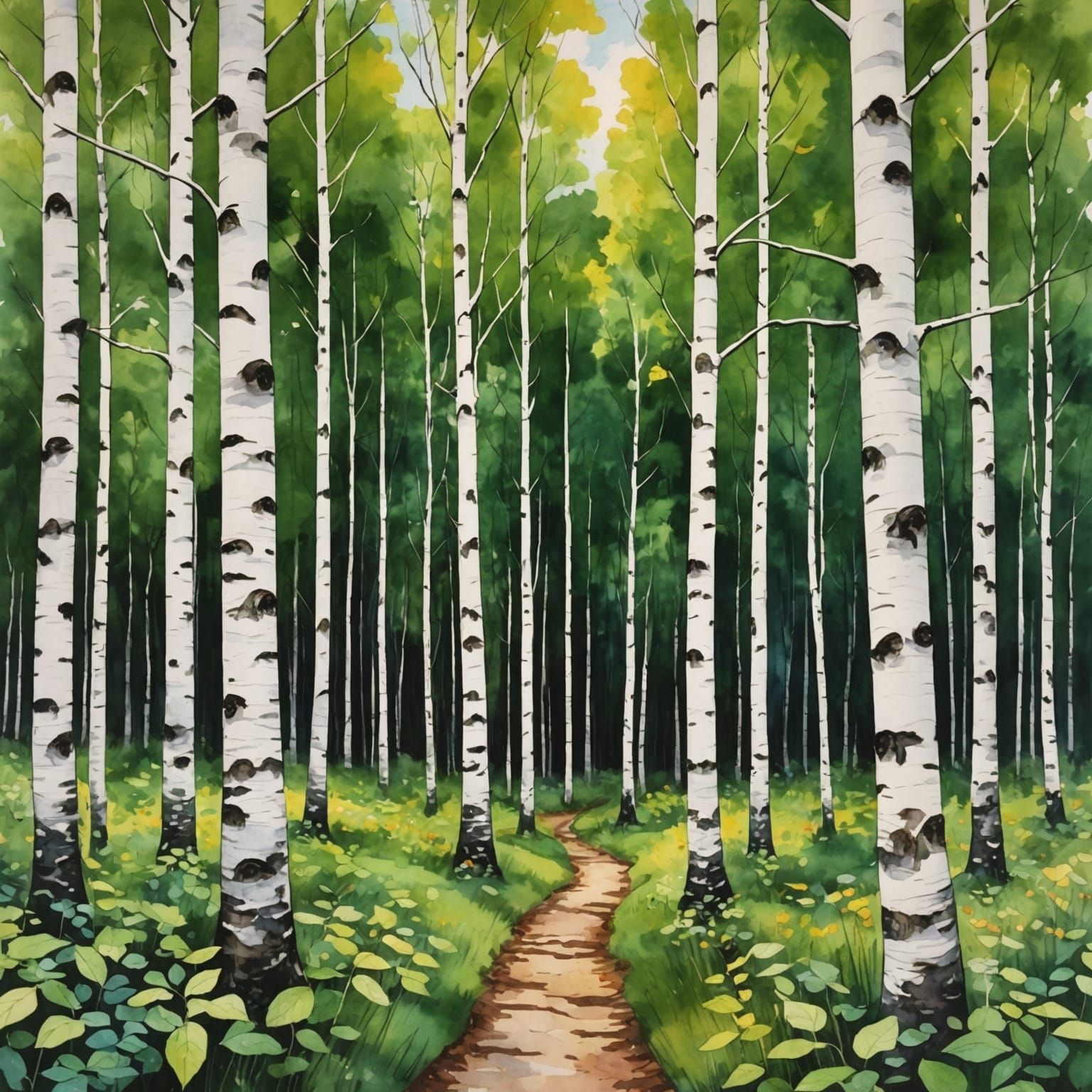 Birch Forest Watercolor in Waterhouse Style