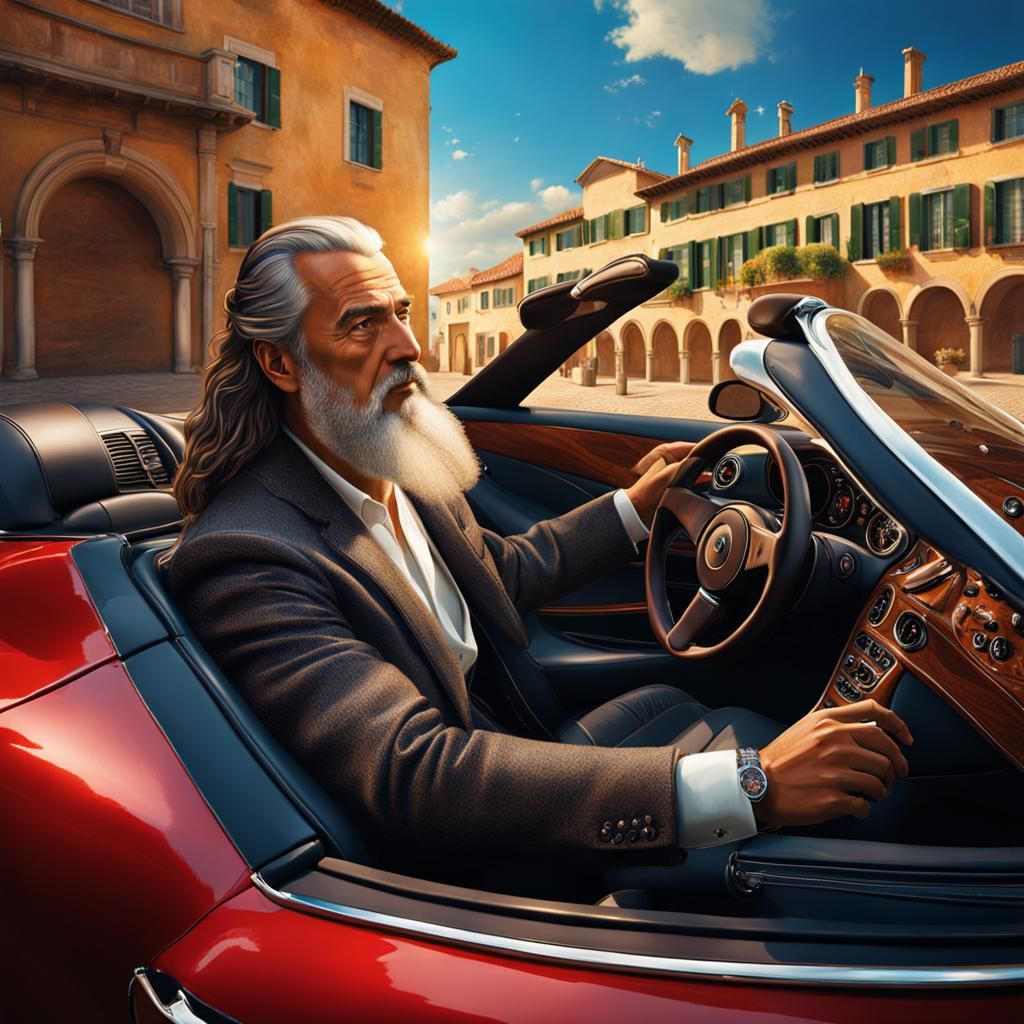 Leonardo da Vinci in driving an Aston Martin convertible.