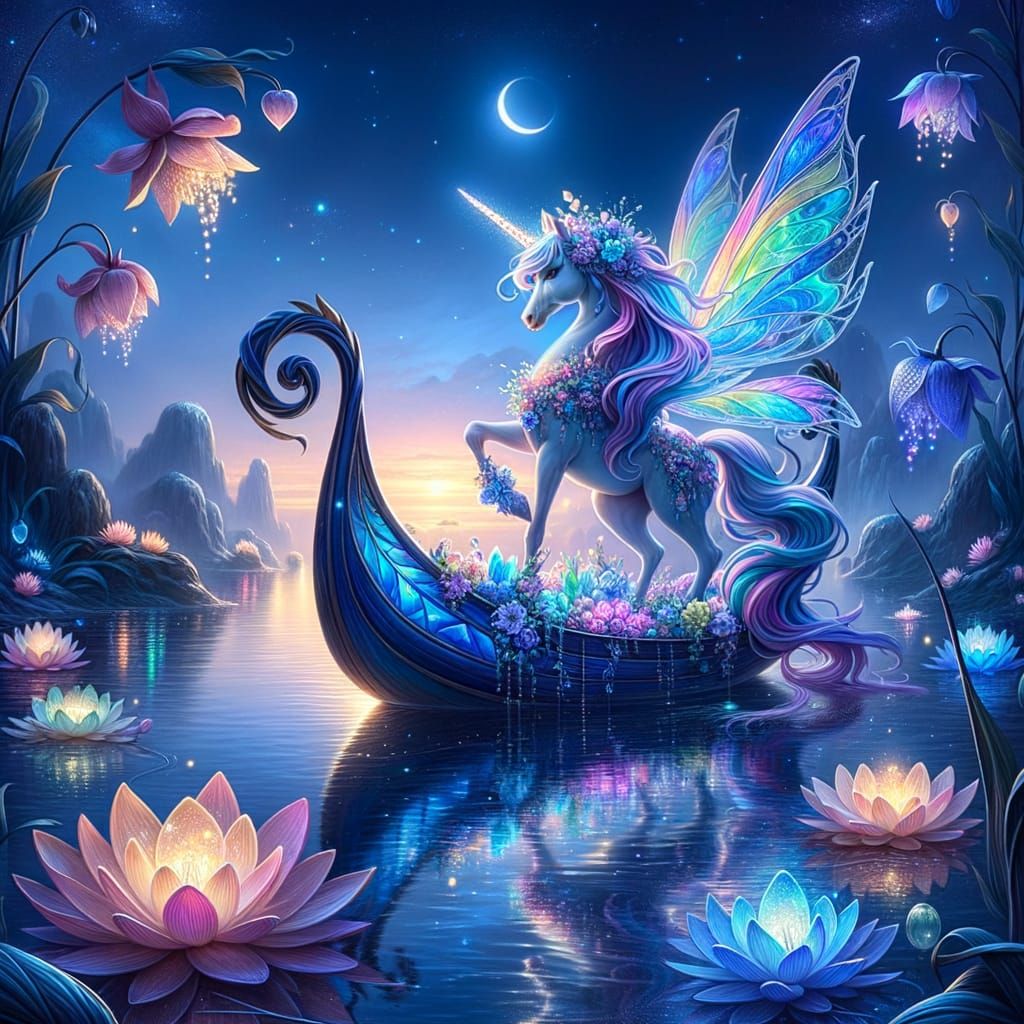 Enchanted Sapphire Boat with Unicorn Fairy at Twilight