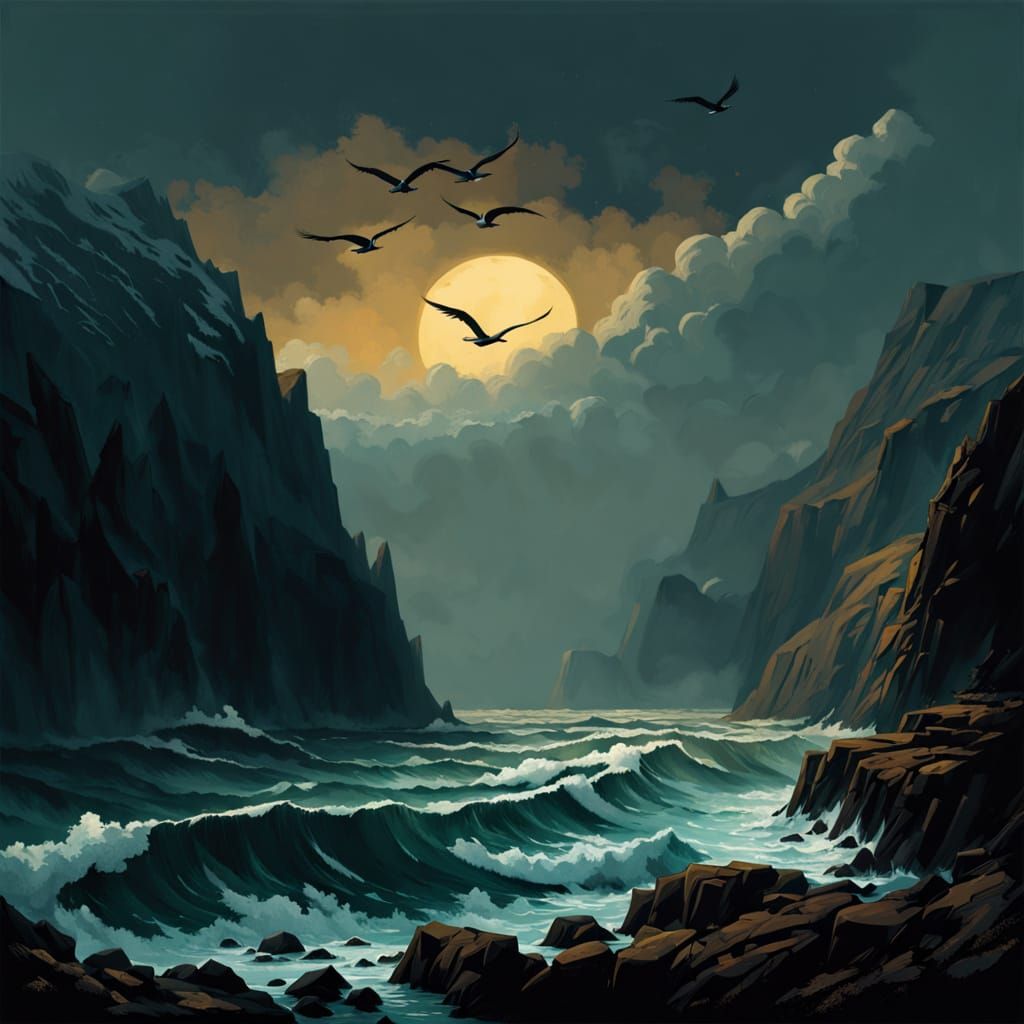 Golden Age Cliffs of Finvarna Coast in Mysterious Vintage St...