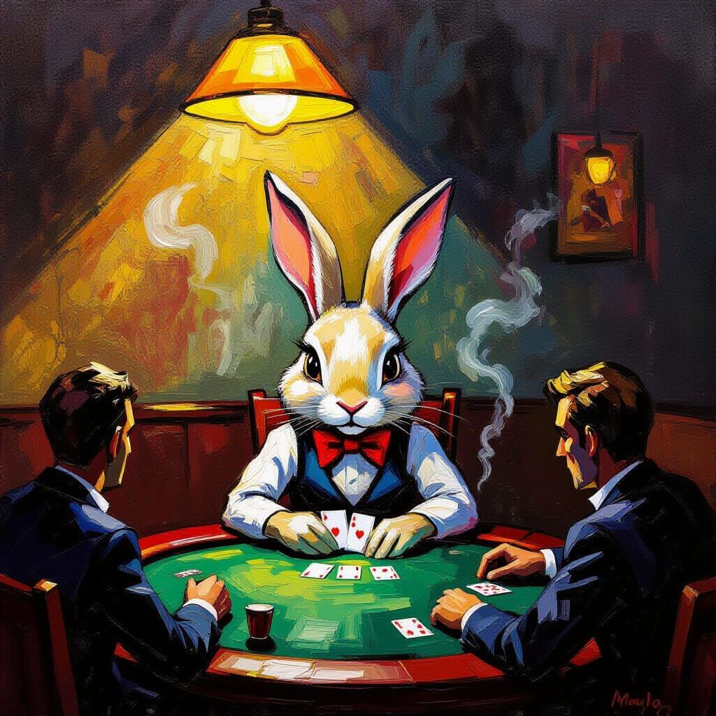 Rabbit Deals Cards in Smoky Backroom Poker Game