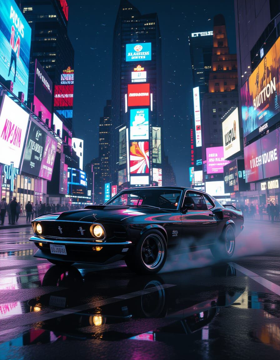 Cyberpunk Mustang Drifting Neon City