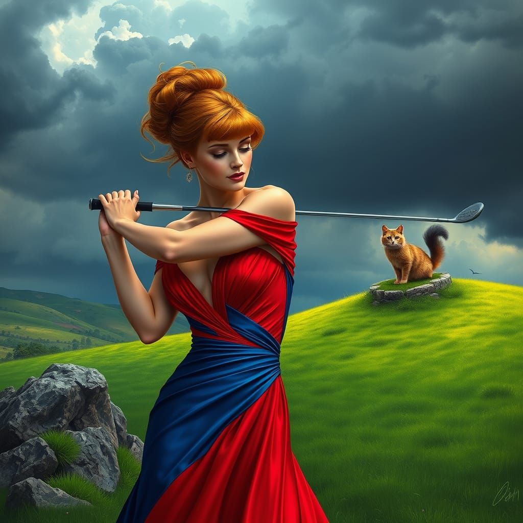 Ginger Golfer Embarks on Dramatic Hilly Course