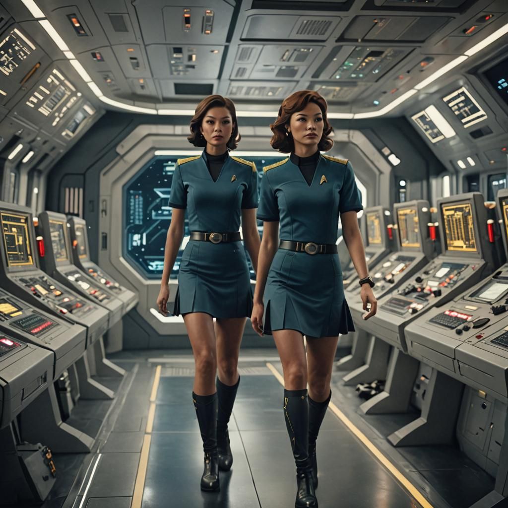 Men in Star Trek Uniforms on Spaceship Control Room