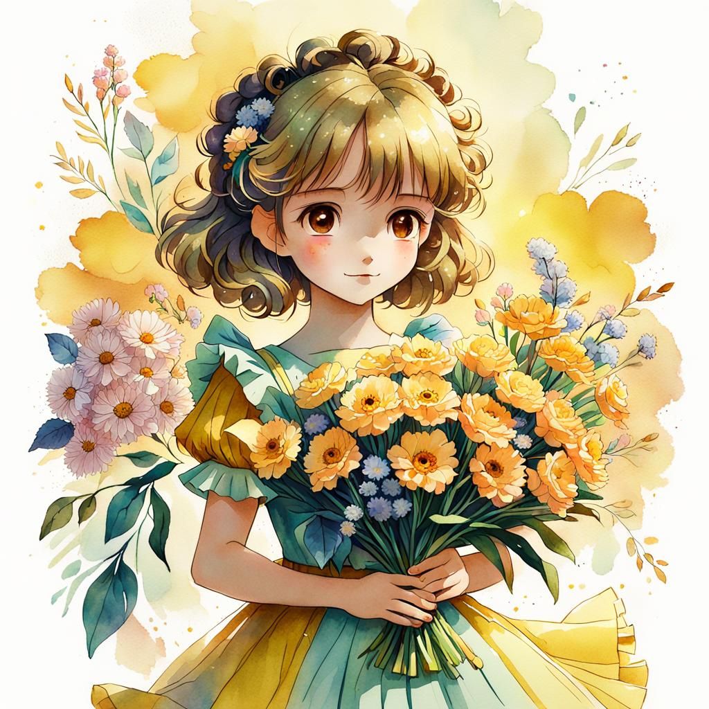 Anime Girl with Dahlia Bouquet in Pastel Colors