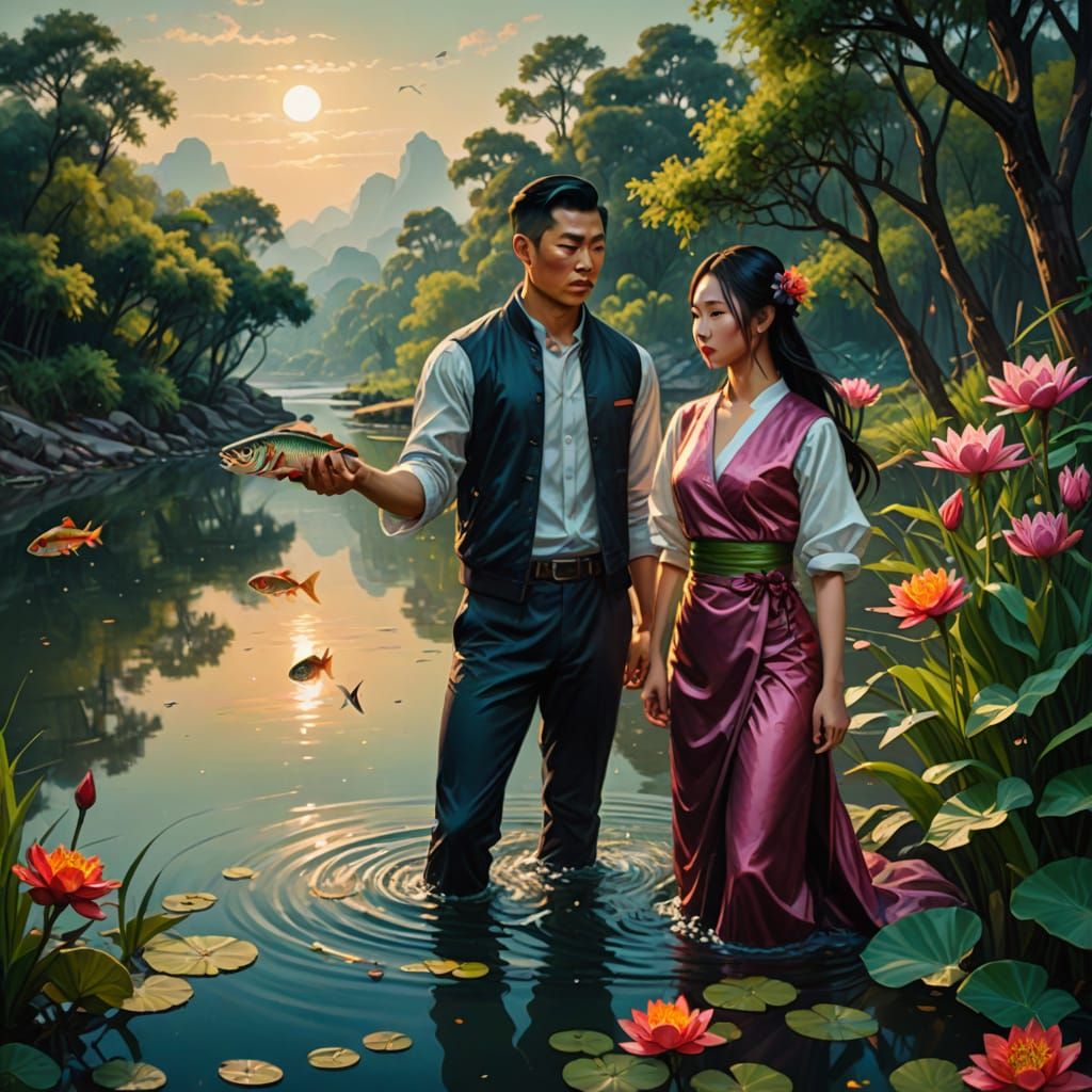 Muscular Man and Girl Fishing by River in Surreal Oil Painti...