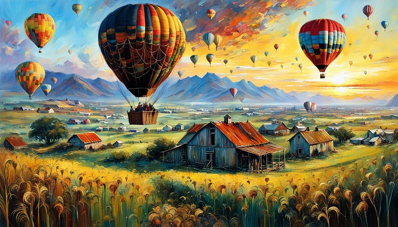 Hot Air Balloons Over a Surreal Landscape, Oil Painting