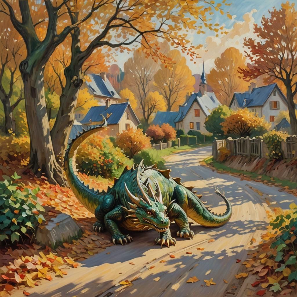 Sleeping Dragon on Autumn Road, Impressionist Painting