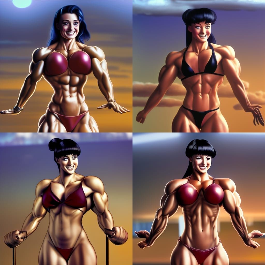 Female Bodybuilder Posing on Rooftop, Oil Painting