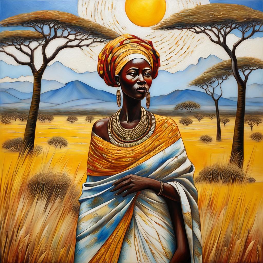 Kenyan Woman in Landscape with Encaustic Oil Sun