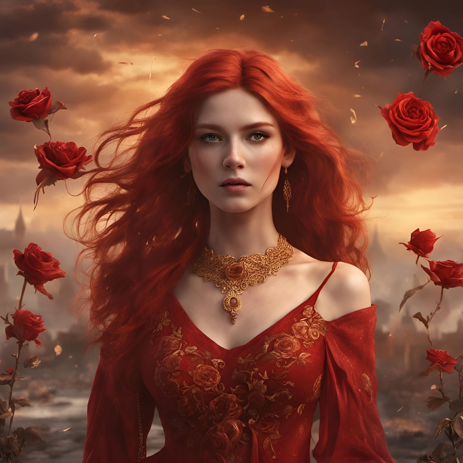 Red-Haired Girl in Red Dress: Fantasy Art