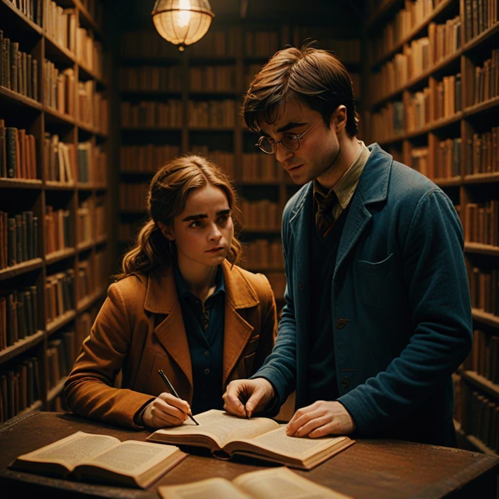 Harry and Hermione studying the book "New Theory of Numerology".