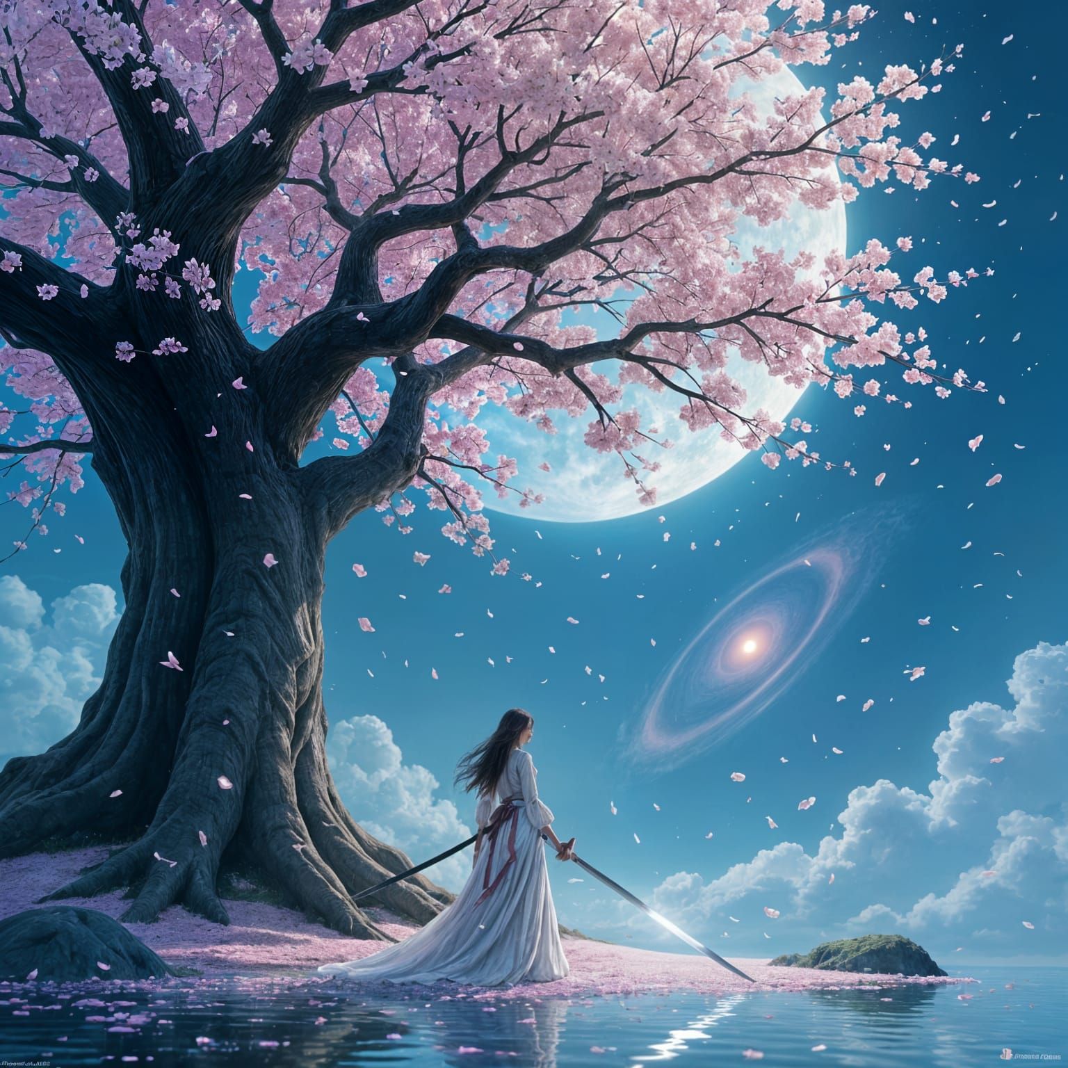 Woman with Rainbow Katana Under Sakura Tree