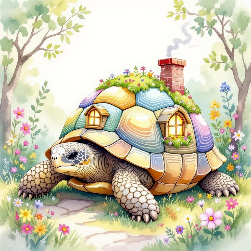 Seashell Cottage on Giant Tortoise, Watercolor Style