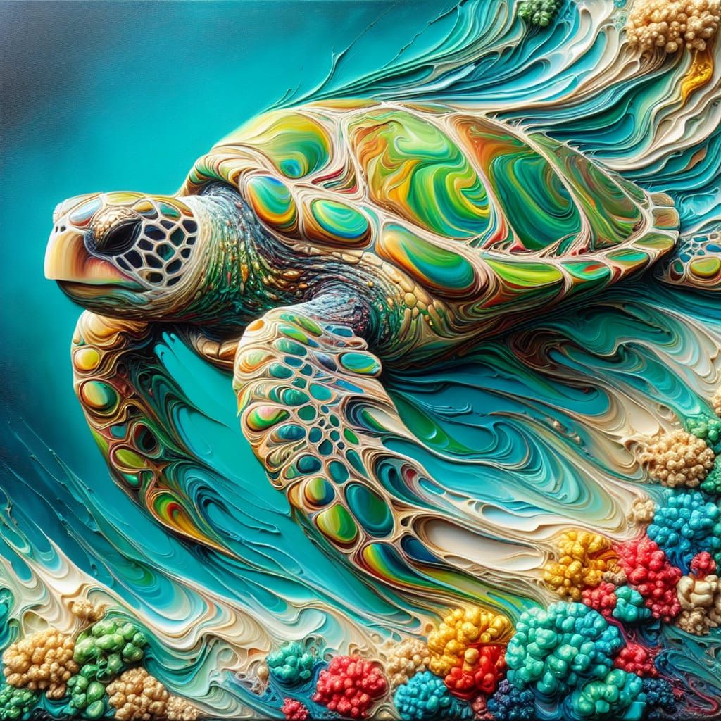 Green and Gold Sea Turtle in Abstract Impasto