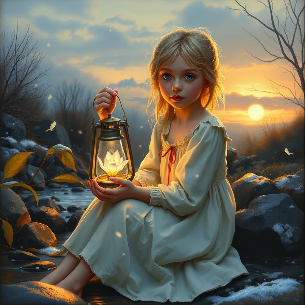 Dreamlike Scene of Girl with Magic Lantern at Twilight