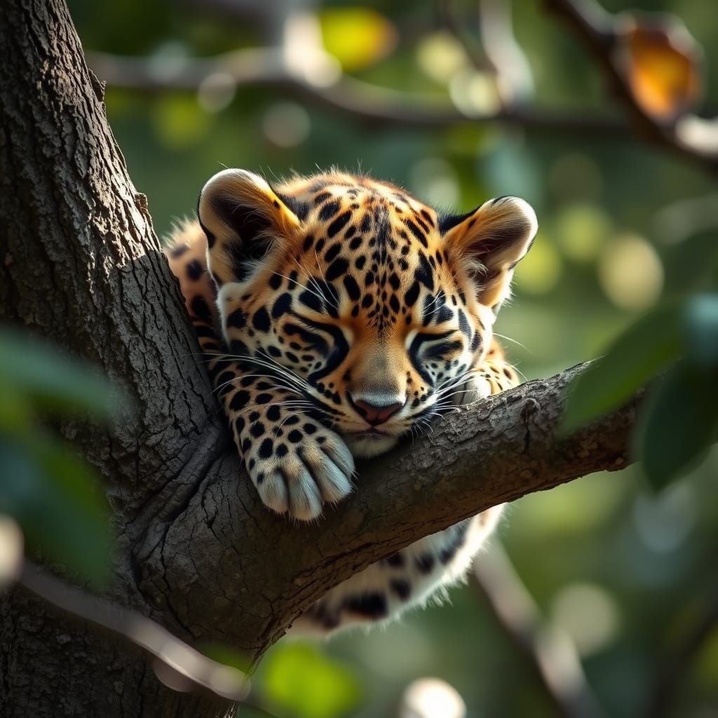 Baby Jaguar Sleeping in a Tree