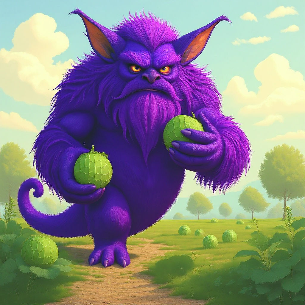 Giant Hairy One-Legged Monster Eating Cabbages