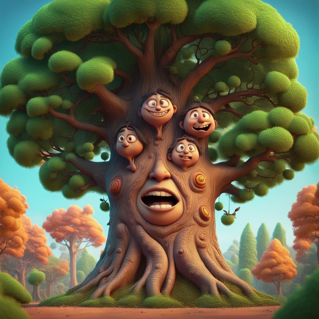 Whimsical Talking Trees in Animated 3D Style