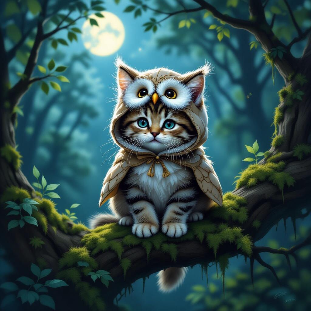 Fluffy Kitten in Owl Costume in Moonlit Forest Oil Painting
