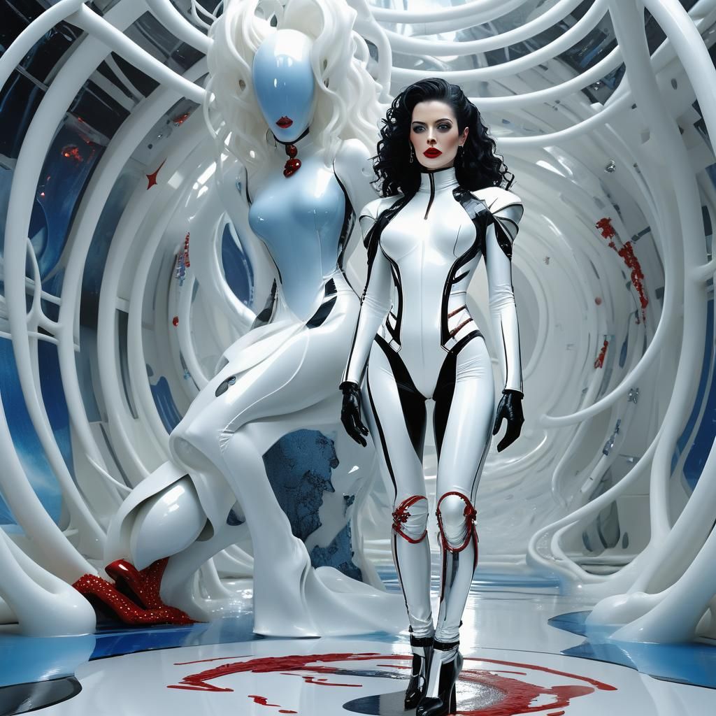 Futuristic Woman in Latex Catsuit with Space Background