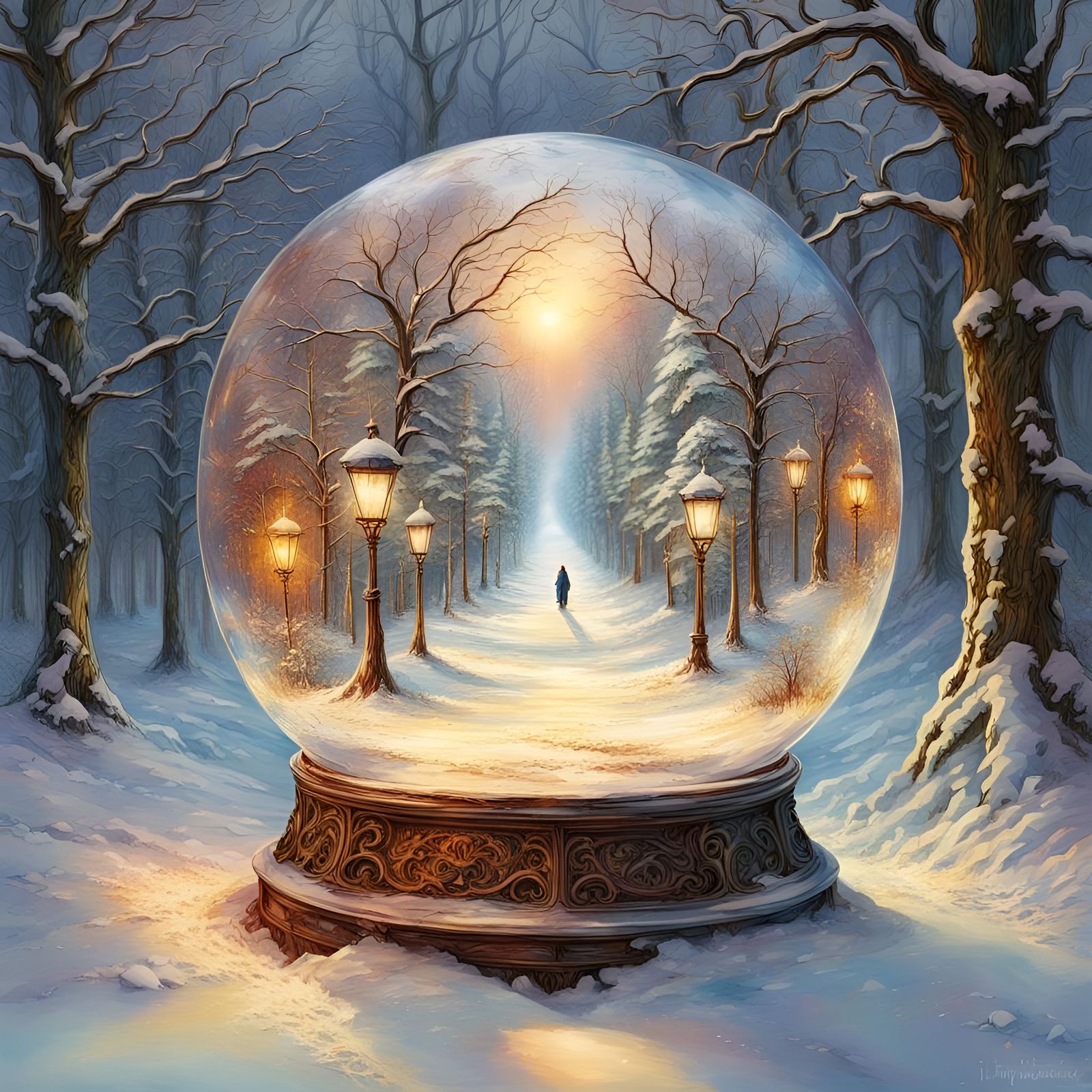 Snow Globe: Art Nouveau Road in Winter Landscape