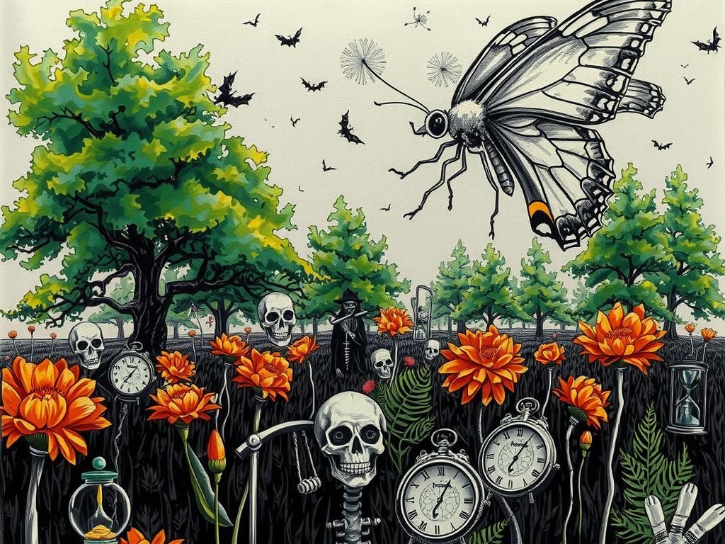 Surreal Halloween Landscape with Sugar Skull Moth