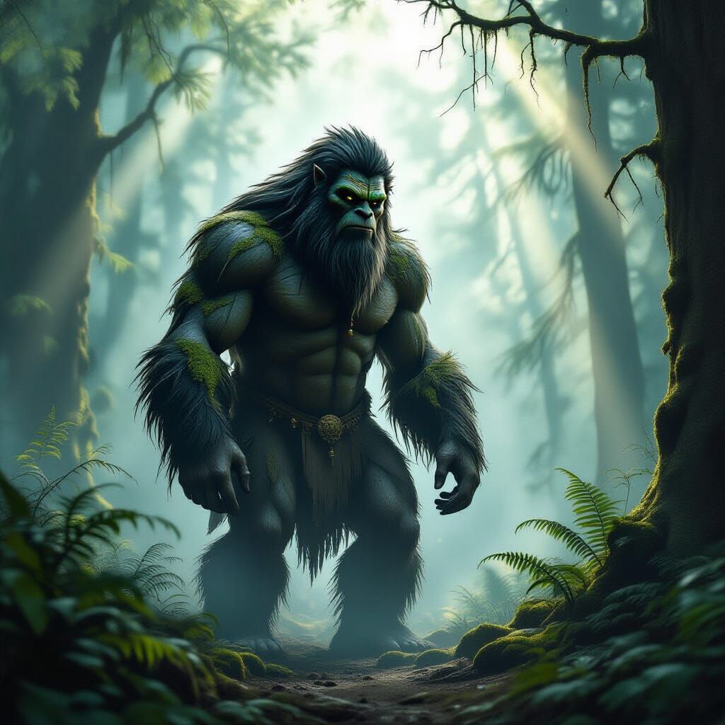 Majestic Sasquatch in Misty Primordial Forest